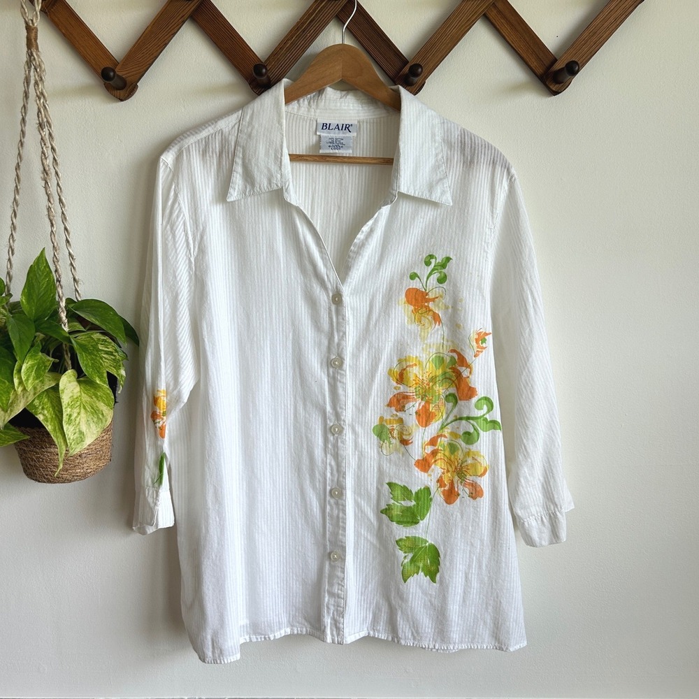 Blair Womens White Cotton Floral Button Down Shirt 3/4 Sleeve Textured‎ Large